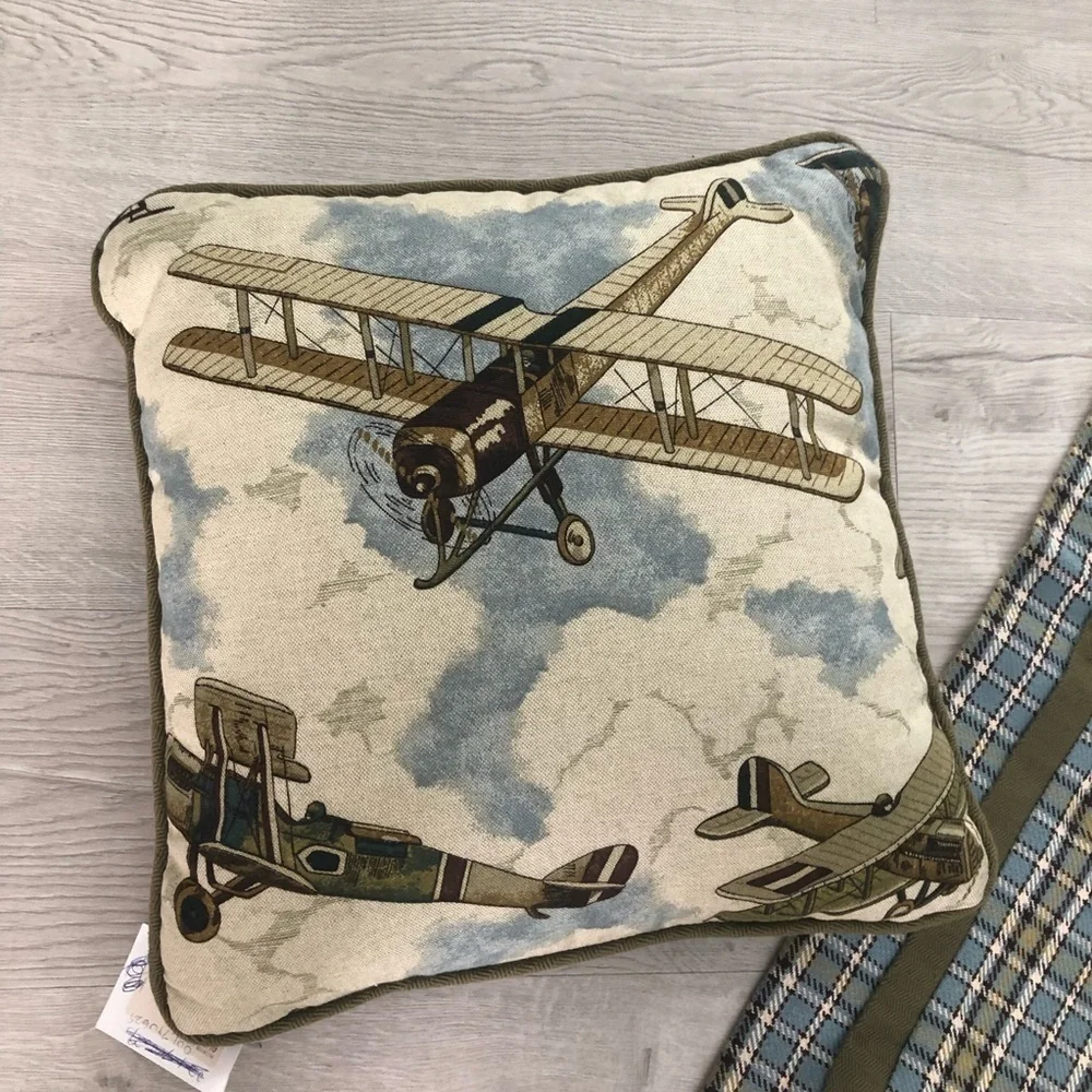 NWT Eastern Accents Plaid and Airplane Pillow Set 14” AND Euro Square Green Blue